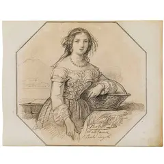 Antonio Ermolao Paoletti, Venezia, 1834 - 1912 / Ritratto di dama con cestino / Firma Paoletti e dedica in basso a destra, pencil on paper