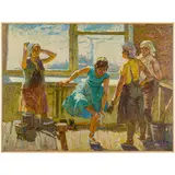 Mitrofanovka, 1945 / L'inizio del turno di lavoro / Firmato A Yanev in basso a destra by Anatoly Mykytovich Yanev, oil on canvas, offered Apr 2024