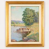 1912 - 1993 / Lavandaia al fiume / Firmato Giller in basso a destra by Iosif Isaakovich Giller, oil on cardboard, offered Apr 2024