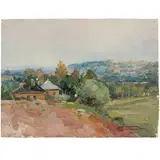 Kalavtsi, 1890 - 1984 / Paesaggio con case / Firmato F Konovalyuk e datato 48 in basso a destra by Fedir Zotikovich Konovalyuk, oil on cardboard, offered Apr 2024