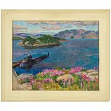 Tokarevo, 1928 - 2017 / Sommergibile nella baia in fiore / Firmato Solodovnikov e datato 69 in basso a sinistra by Olexiy Pavlovich Solodovnikov, oil on cardboard, offered Apr 2024