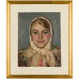 Kyiv, 1908 - 1989 / La ragazza col fazzoletto / Firmato A Bogdanov in basso a sinistra by Aleksandr Nikolaevich Bogdanov, oil on cardboard telato, offered Apr 2024