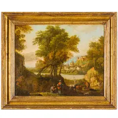Egbert van Drielst, Paesaggio lacustre con pastori e animali, oil on cardboard