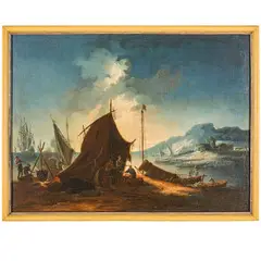 Bartolomeo Pedon, Veduta costiera con accampamento e figure, oil on canvas