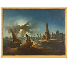 Bartolomeo Pedon, Veduta costiera con vascello, torre e figure, oil on canvas