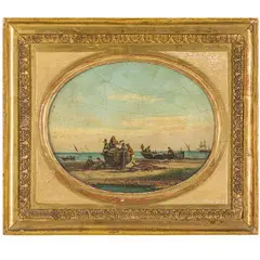 Emilio Donnini, Firenze, 1809 - 1886 / Spiaggia con barche e pescatori / Monogramma ED in basso a destra, oil on tavoletta