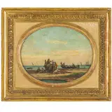 Emilio Donnini, Firenze, 1809 - 1886 / Spiaggia con barche e pescatori / Monogramma ED in basso a destra, oil on tavoletta