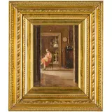 Francesco Galante, Margherita di Savoia, 1884 - Napoli, 1972 / Donna che cuce in un interno / Firmato F Galante in basso a sinistra