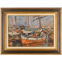 Tunisi, 1894 - Livorno, 1974 / Barche da pesca nel porto di Livorno / Firamto G March in basso a sinistra by Giovanni March, oil on compensato, offered May 2024