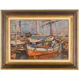 Giovanni March, Tunisi, 1894 - Livorno, 1974 / Barche da pesca nel porto di Livorno / Firamto G March in basso a sinistra