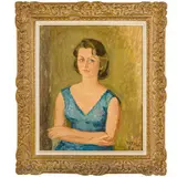 Carlo Vitale, Milano, 1902 - Camogli, 1996 / Ritratto di ragazza con abito azzaurro / Firmato Vitale e datato 55? in basso a destra, oil on canvas