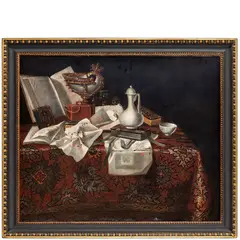 Pseudo-Roestraten, Natura morta con Nautilus, coppa, teiera, libri, gioielli su un tavolo con tappeto turco, oil on canvas