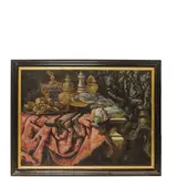 Antonio Tibaldi, Natura morta con tessuti, vassoio con dolci e vasi in metallo sbalzato, oil on canvas