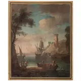 Francesco Antoniani, Veduta costiera con torre e velieri, oil on canvas