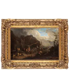 Jasper Broers, Veduta costiera con vascelli e figure, oil on canvas applicata on panel