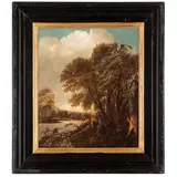 Salomon Rombouts, Paesaggio fluviale con campanile sullo sfondo e albero spezzato, oil on panel