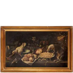 Giacomo Nani, Tavola imbandita con dolci, ortaggi, uova, bicchieri, cane che mangia la pasta e colomba / Firmato al centro: Giacomo Nani f., oil on canvas