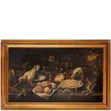 Giacomo Nani, Tavola imbandita con dolci, ortaggi, uova, bicchieri, cane che mangia la pasta e colomba / Firmato al centro: Giacomo Nani f., oil on canvas