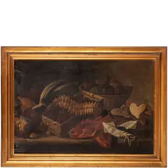 Giacomo Nani, Natura morta con pesci, noci, castagne, pigne e pane / Firmato al centro sul bordo del tavolo: Giacomo Nani f., oil on canvas