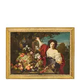 Abraham Brueghel, Natura morta con fiori, frutta, figura femminile e paesaggio sullo sfondo / Firmato A. Bruegel F. Romae in basso al centro, oil on canvas