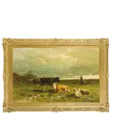 Anton Mauve, Zaandam, 1838 - Arnhem, 1888 / Paesaggio con contadina e animali a riposo / Firmato A Mauve f. in basso a destra, oil on canvas