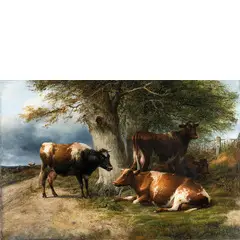 Canterbury, 1803 - Harbledown, 1902 / Riposo di mezzogiorno / Firmato T Sidney in basso a sinistra by Thomas Sidney Cooper, oil on canvas, offered Jun 2024