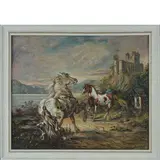 Giorgio de Chirico, Volo 1888 - Roma 1978 / Cavalli scalpitanti presso un castello, 1953, oil on canvas