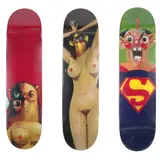 George Condo, A Group of 3 Skateboards, 2009, Three screenprints in colors on skateboard decks