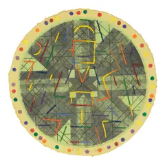 Alan Shields, T.V. Rerun - B (Tyler 487), 1978, Linocut, mezzotint, drypoint and embossing in colors on yellow-green TGL handmade paper