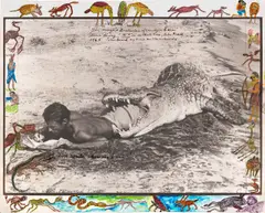 Peter Beard, I‘ll write whenever I can..., 1965, Späterer Silbergelatineabzug. Mit Original-Zeichnungen von Kivoi Mathenge in Tusche, Bleistift, Aquarell und Tempera. Unikat