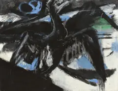 Bernd Koberling, Kormoran, 1981, Leimfarbe auf Rupfen