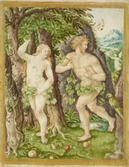 Daniel Fröschel, Vertreibung aus dem Paradies, Um 1600, Deckfarben und Aquarell auf Pergament; Umrandung mit Gold