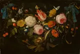 Jan Davidsz. de Heem, Eine Girlande aus Blumen, Früchten und Nüssen, mit blauen Bändern an Nägeln befestigt, Um 1665, Öl auf Eichenholz