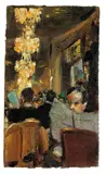 Lesser Ury, Zeitungsleser im Café“. 1920er Jahre, Öl auf Leinwand, auf Pappe aufgezogen