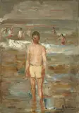 Max Liebermann, Stehender Knabe am Strande“. 1907 (?), Öl auf Papier, auf Pappe aufgezogen