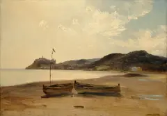 Boote am Strand by Théodore Gudin, Öl auf Papier auf Holz, sold Jun 2016