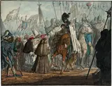 Karl Philipp Fohr, Ulrich I. bringt das Haupt des Sultans ins Lager, 1813, Aquarell und Feder in Grau über Bleistift auf Papier, auf Papier aufgezogen