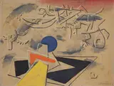 Reliefbild mit blauem Kreis by Willi Baumeister, 1952, Öl mit Kunstharz auf Karton, sold May 2008
