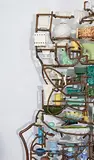 Joel Otterson, American Portable Pottery Museum (Wall of China), 1994, 125 ceramic pieces, copper plumbing pipe, steel, rubber casters