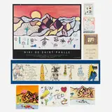 Niki de Saint Phalle, Ephemera, 1986-2003, lithograph, lithograph in colors, printed card, mixed media and collage on paper, ink and watercolor on canvas with glass marbles in Plexiglas box, offset lithograph in colors
