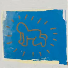 Keith Haring, Radiant Baby (Wall Drawing) with childhood ephemera, c. 1985, acrylic and latex on sheet-rock wall unit