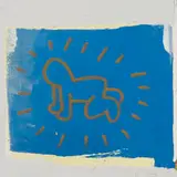 Keith Haring, Radiant Baby (Wall Drawing) with childhood ephemera, c. 1985, acrylic and latex on sheet-rock wall unit