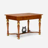 Neoclassical, Inlaid writing table, mahogany, burl inlay, gilt wood, lacquered wood, brass