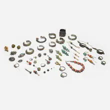 Tibetan and Mongolian, Collection of jewelry, silver, silver gilt, mixed metals, coral, turquoise, 18k gold, lapis lazuli, hardstone