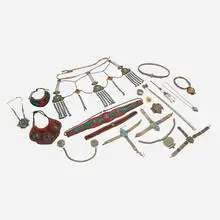 Tibetan and Mongolian, Collection of ritual jewelry and accessories, silver, silver gilt, mixed metals, turquoise, coral, woven fabric, leather