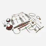 Tibetan and Mongolian, Collection of ritual jewelry and accessories, silver, silver gilt, mixed metals, turquoise, coral, woven fabric, leather