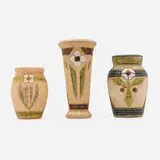 Roseville Pottery, Mostique vases, set of three, c. 1916, partially-glazed earthenware