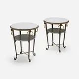 Occasional tables, pair by Century Furniture, c. 2011, patinated and gilt steel, marble, sold Nov 2025