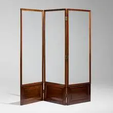Moderne, Three-panel folding screen, c. 1950, mahogany, glass, lacquered wood