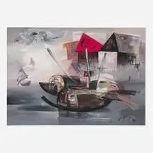 Mai Vo-Dinh, Untitled (Abstract Harbor Scene with Boats and Houses), 1972, acrylic on paper